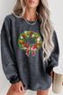 Gray Christmas Wreath Print Corded Pullover Sweatshirt